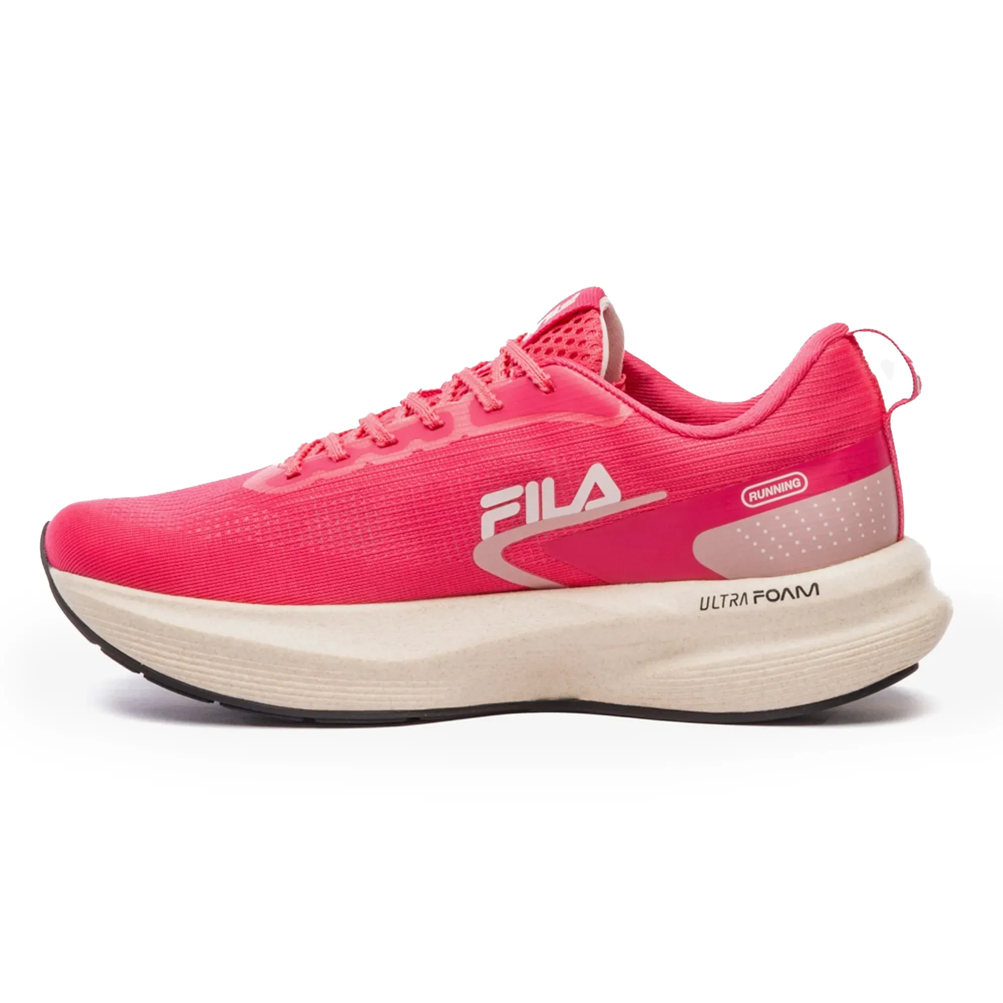 Vista lateral do tênis de corrida feminino Fila Racer Fastpace rosa claro com sola branca